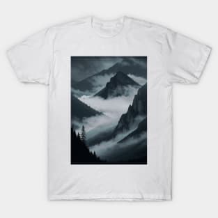 Gray, Misty Mountain Valley with Pine Trees T-Shirt